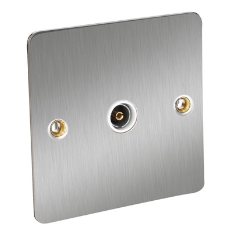 Flat Plate 1 Gang TV Socket - BS3041 *Satin Chrome/White Insert - Click Image to Close